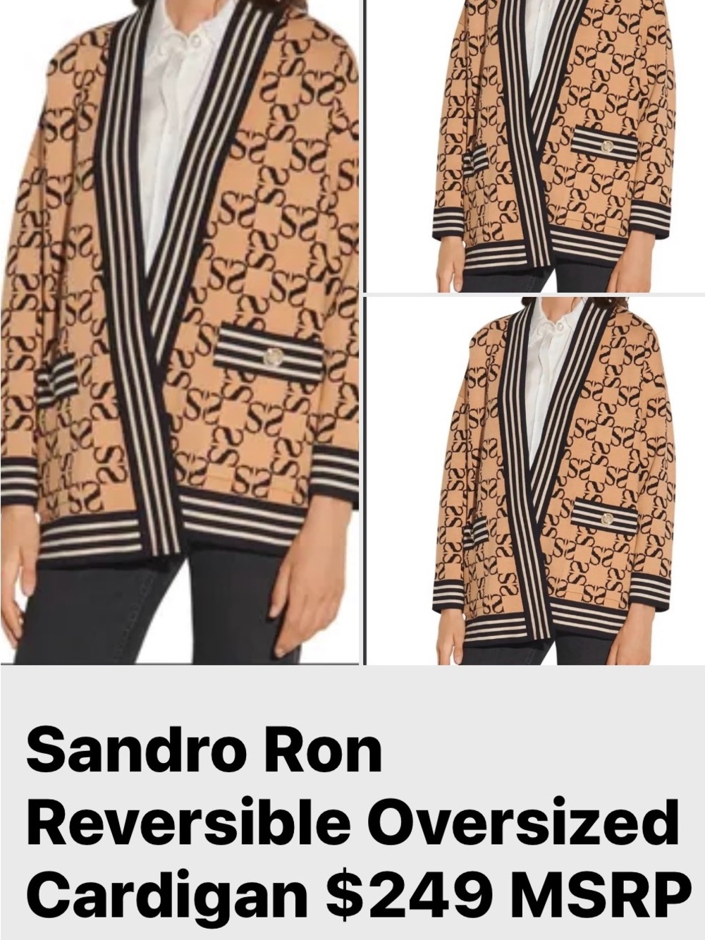 Sandro RON REVERSIBLE Monogram CARDIGAN OVERSIZED size Fr 2 NWOT